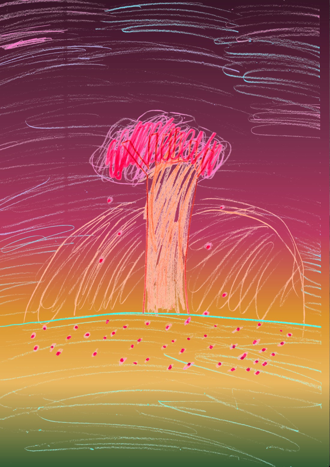 Cherry blossom tree on a hill at sunset — original crayon drawing